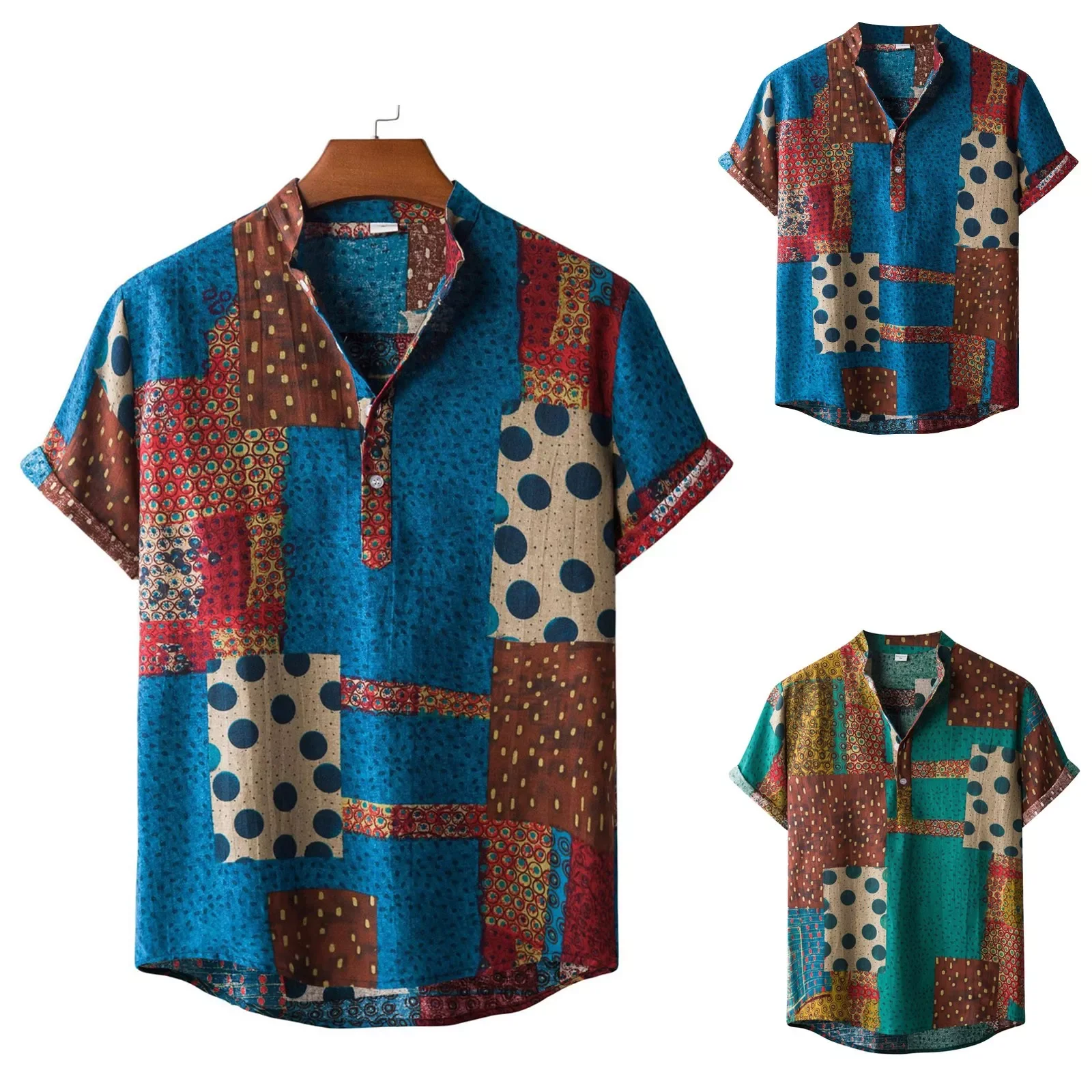 

NEW IN Shirt Men Tops Sleeve Short Summer Baggy Cotton Shirts Loose Print Button European American Style Holiday Solid Shirts