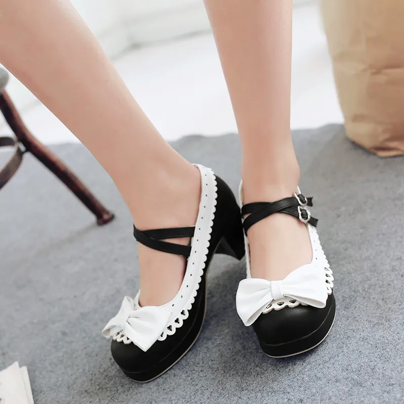 2021 New Spring Autumn Women Pumps Lolita Shoes Platform High Heels Pink Mary Jane Shoes Bow Block Heel Ladies Party Shoes 33-43
