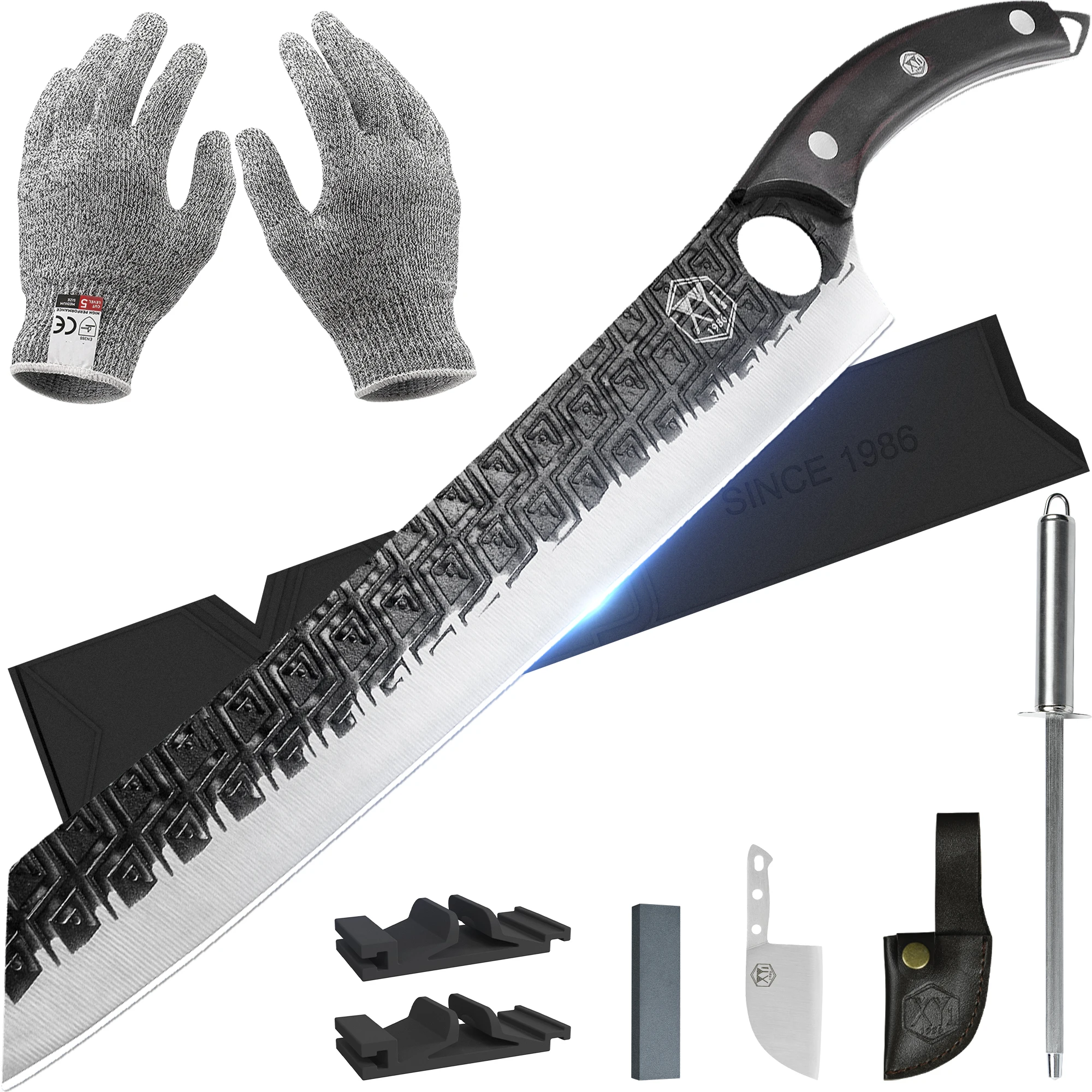 

XYJ 11.5 Inch Extra Long Kiritsuke Chef Knife Finger Hole Control Stainless Steel Blade With Full Tang Ergonomic Wood Handle