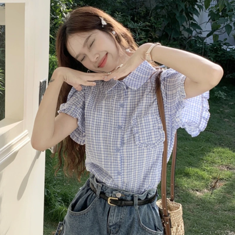 Рубашка женская в клетку милый свободный клетчатый топ с короткими рукавами и