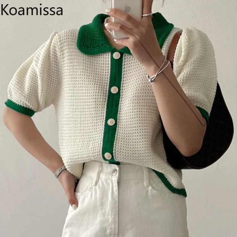 Koamissa Casual Loose Women Knitted Cardigan Short Sleeves Single Breasted Panelled Color Kardigan Spring Summer Outwear Daily