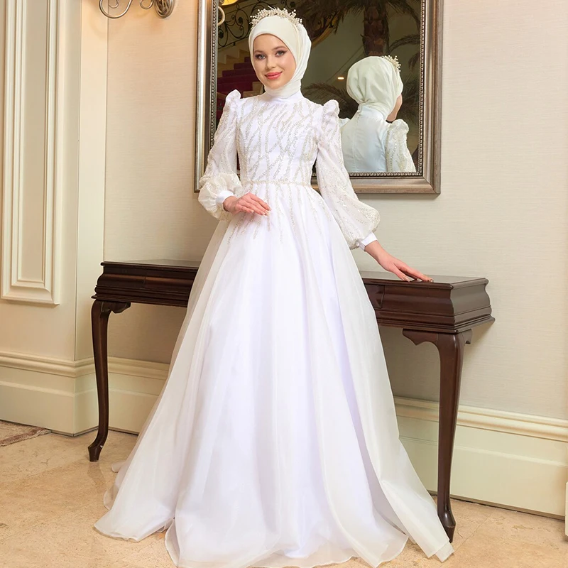 

Modest White Wedding Dresses for Hijab Bride High Neck Long Sleeve Sweep Train Beaded Muslim Bridal Gowns שמלות לבנות לכלה
