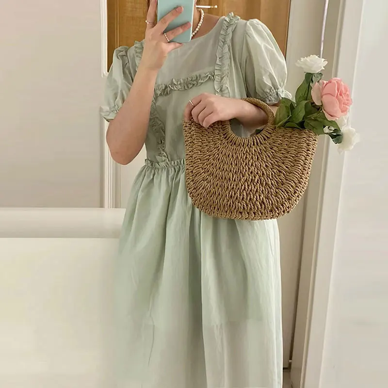 

VANOVICH Korean Style Summer Square Collar Sweet Patchwork Edible Tree Fungus Waist Slim Puff Sleeve Dress Women A-LINE Dress
