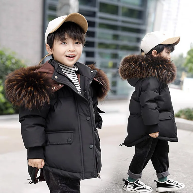 

2022 Winter Children's Down Jacket Korean Kids Hooded Real Fur Collar Warm Caots Boys And Girls Thick Fashion Outwear