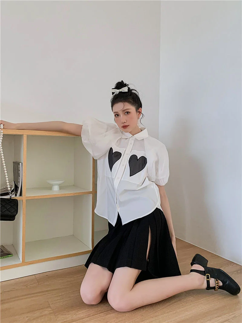 

Double Love Puffer Sleeve Casual Shirt White Summer Women Blouse Tops