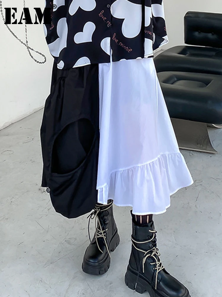 

[EAM] High Elastic Waist Black Color-block Ruffles Long Half-body Skirt Women Fashion Tide New Spring Autumn 2022 1DE9838