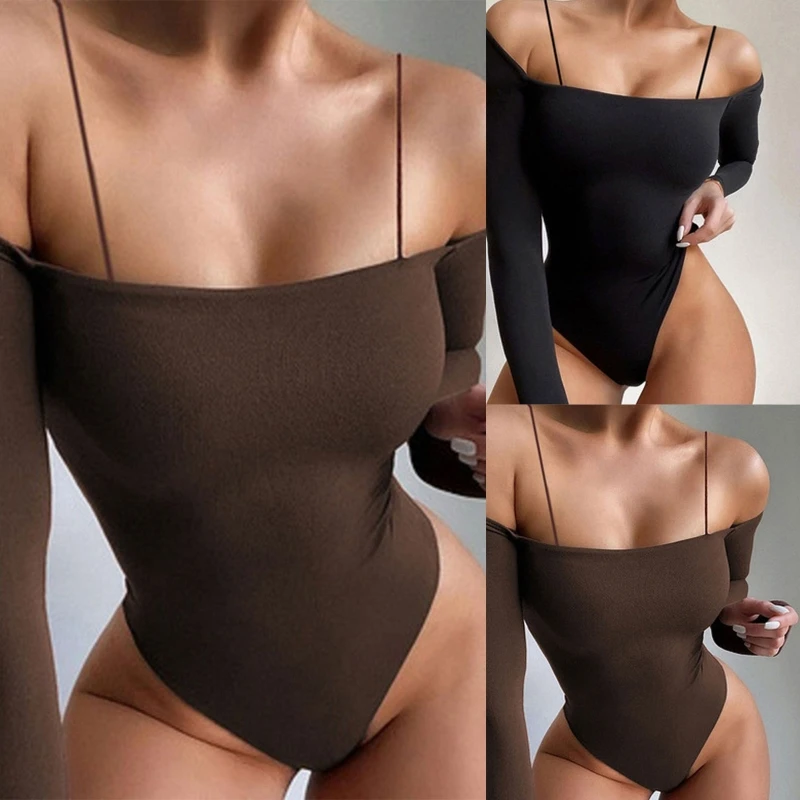 

Women Sexy Off The Shoulder Long Sleeve Bodysuit Top Plain Solid Color Crisscross Strappy Stretch Leotard Bodycon Jumpsuit
