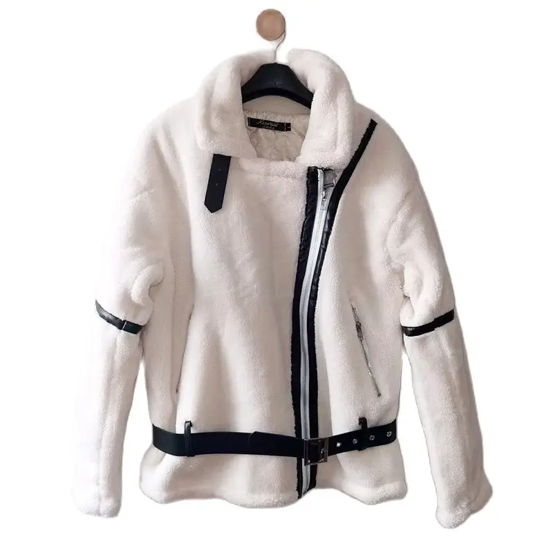 Women Beige Jacket 2023 Winter Warm Lamb Faux Fur Teddy Coat Thicken Loose Biker Outwear with Belt Streetwear