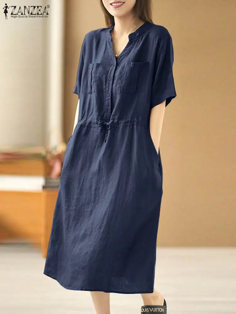 

Женское платье-рубашка с V-образным вырезом, коротким рукавом и боковыми карманами