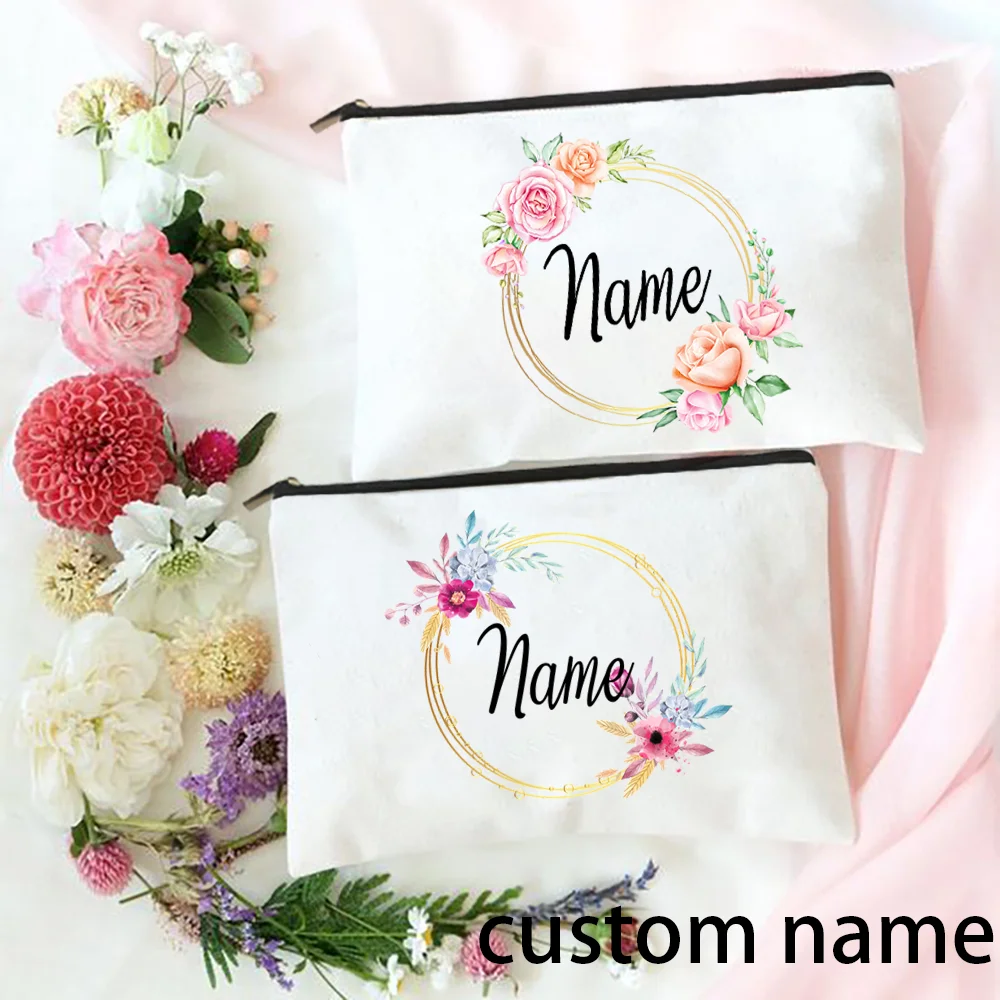 

Custom Floral Wreath Makeup Bag Bridemaid Cosmetic Bag Personalized Gift Travel Toiletry Organizer Canvans Pouch Wash Bag