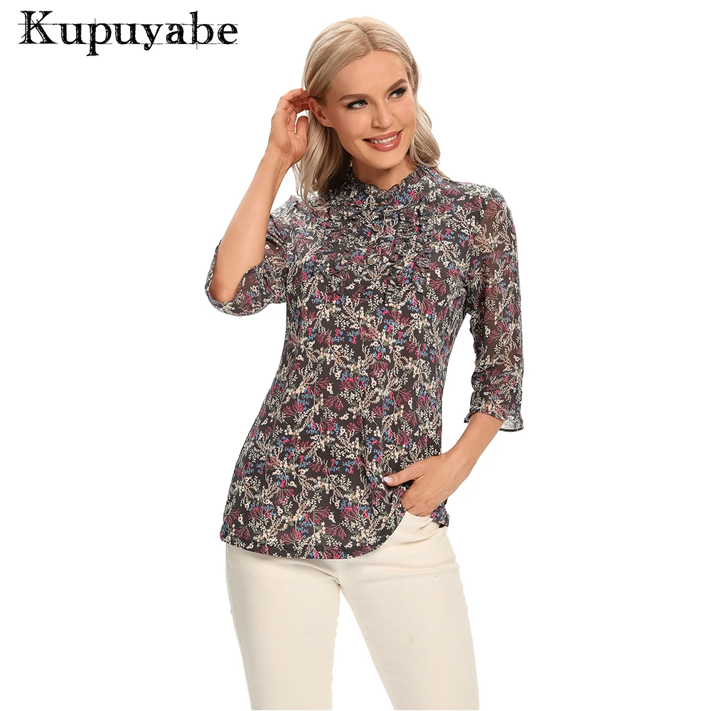 KUPUYABE Womens T-shirt Polyester Printed Chiffon Shirt with Buttons 3/4 Sleeves Ruffle Collar Breathable Top