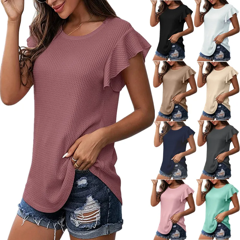 

2022 Spring/Summer New Women's Solid Color Waffle Loose Short Sleeve Round Neck Lotus Leaf Sleeve Shirt