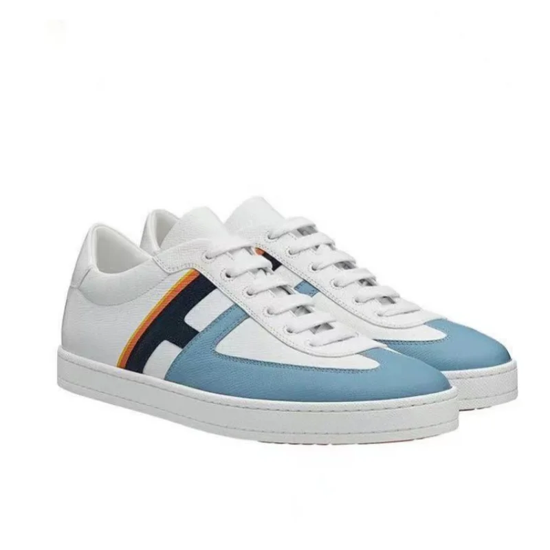 

Fashion Men Casuals Shoes Soft Bottoms Sneakers Classic Elasticd Band Low Tops Calf Leather Splicing Designer White Orange