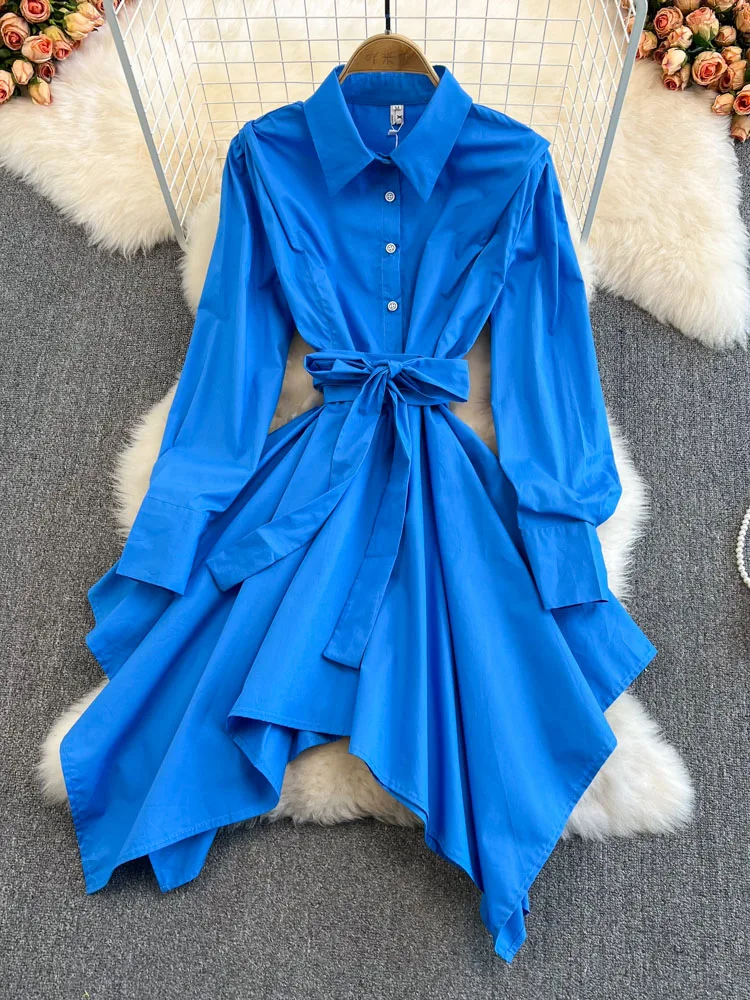 

Women Spring retro Hong Kong-style long-sleeved mid-length irregular waist shirt high waist strap dress vesitidos female D0743