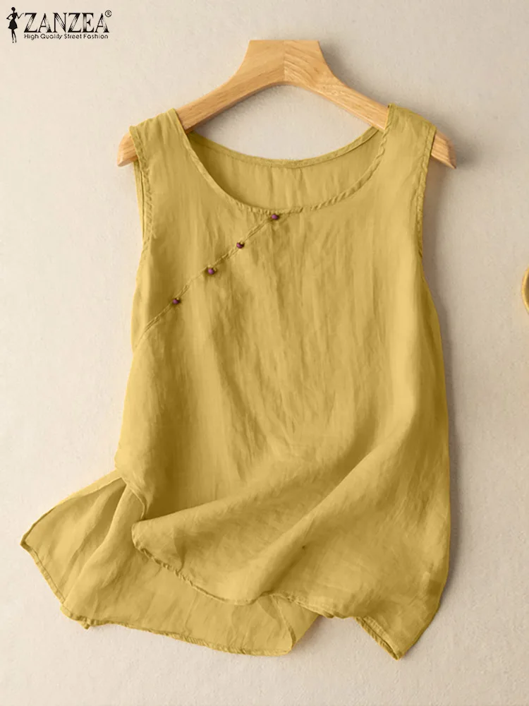 

2022 ZANZEA Summer Sleeveless Tanks Tops Vintage Women Blouse Solid Fmeale Loose Beach Shirt Chemise Tunic Casual Vest Camis