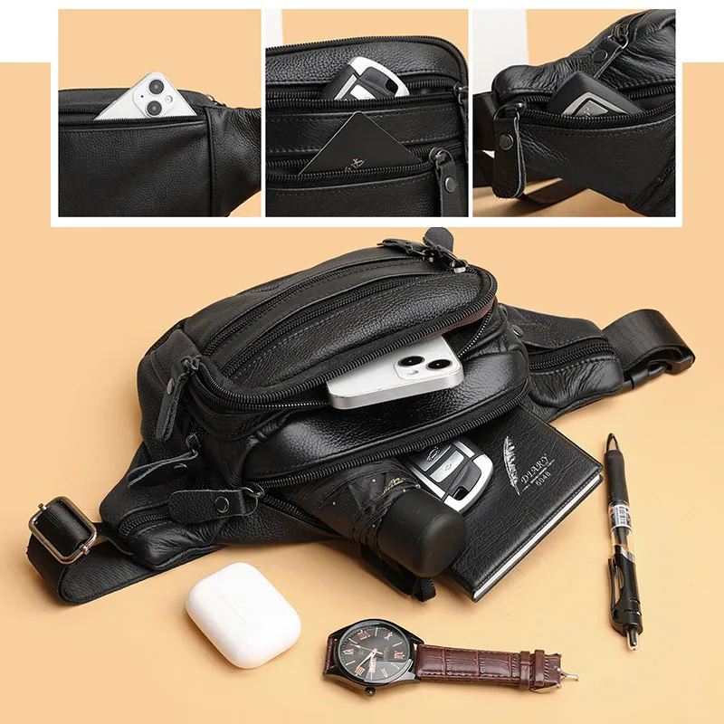Real Genuine Leather Waist Bag for Men Cowhide Leather Fanny Bag for Phone Pouch Male Sling Shoulder Bag Unisex Belt Waist Packs