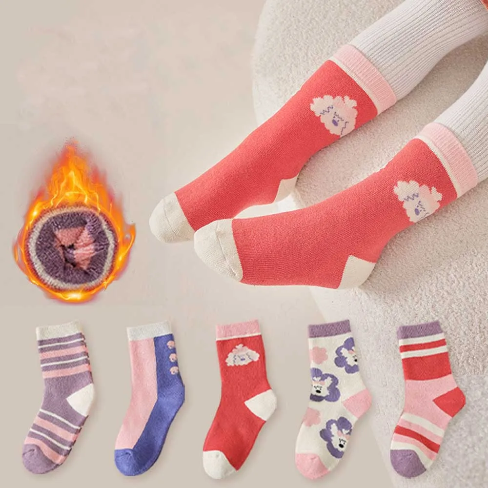 

5 pairs/lot Baby Girls Socks Toddler Soft Thicken Sock for Kids Cartoon Print Socken Winter 1 To 12 Yrs Children's Warm Clothing