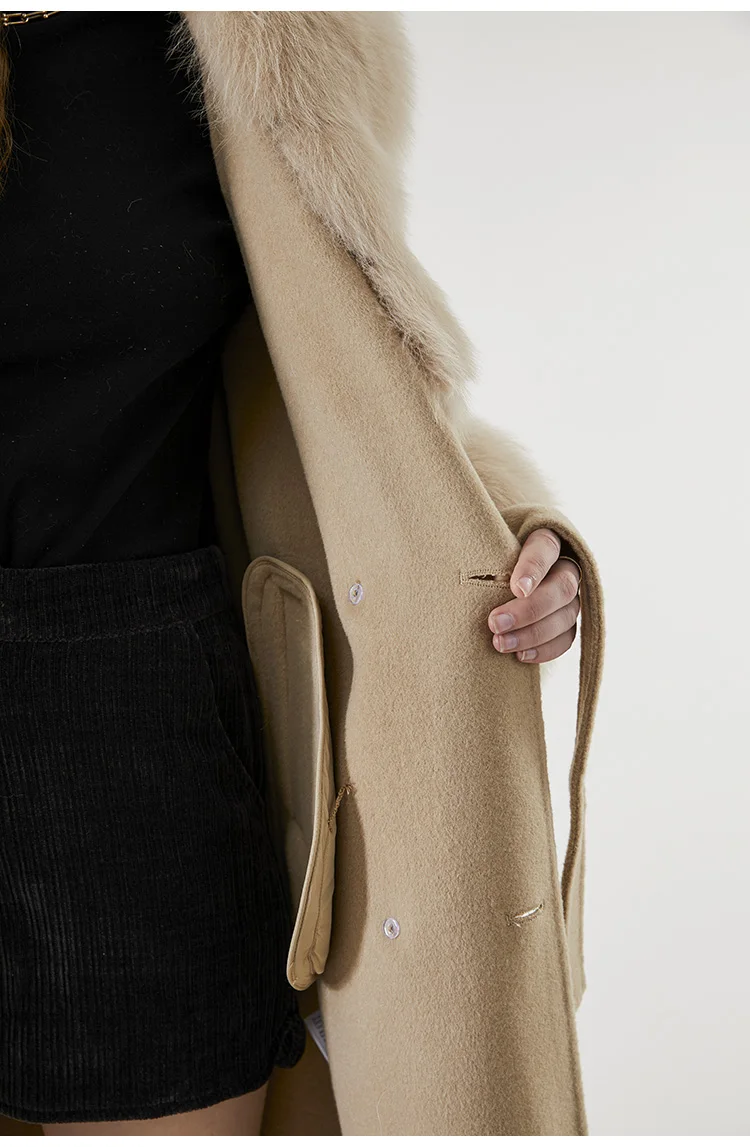2022 X-long Real Fur Coat Belt Winter Jacket Cashmere Wool Blends Women Natural Fox Fur Collar Streetwear Outerwear