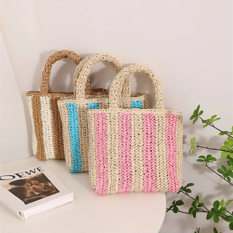 

2023 Simple Striped Straw Bag for women Handmade Large Capacity Tote Bag Summer Hand-woven Beach Holiday Handbag Bohemia Female