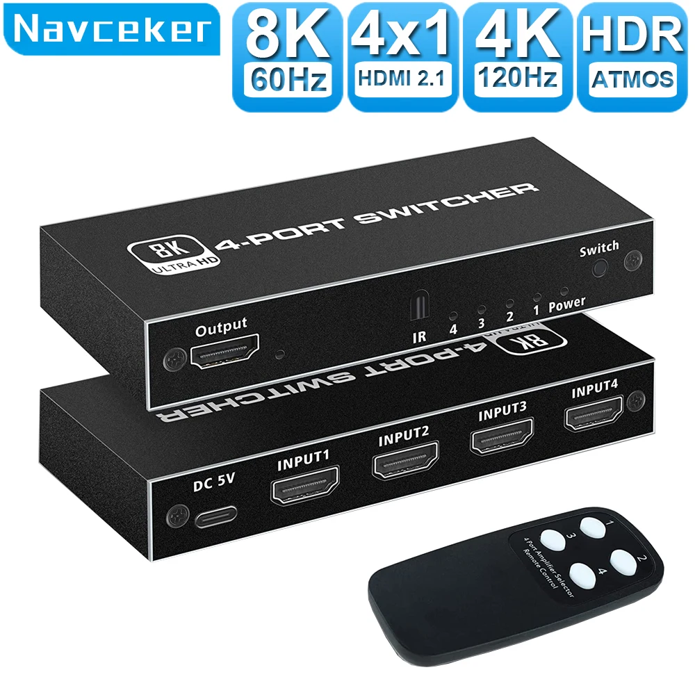 

2022 Switcher HDMI 2.1-compatible 4K 120Hz 4 in 1 out 2 in 1 out 8K 60Hz Switch Splitter adapter IR Remote For PS5 PS4 Projector