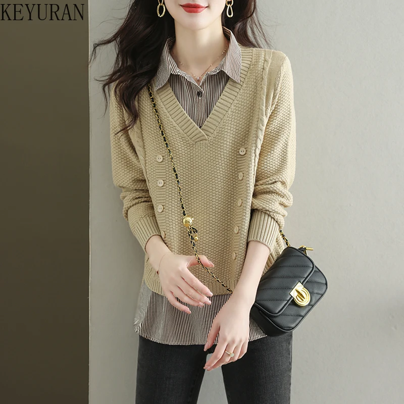 

2023 Autumn Fake 2 Piece Pullover Sweater Women Casual Turn-down Collar Striped Shirt Patchwork Long Sleeve Knitted Jumper Lady