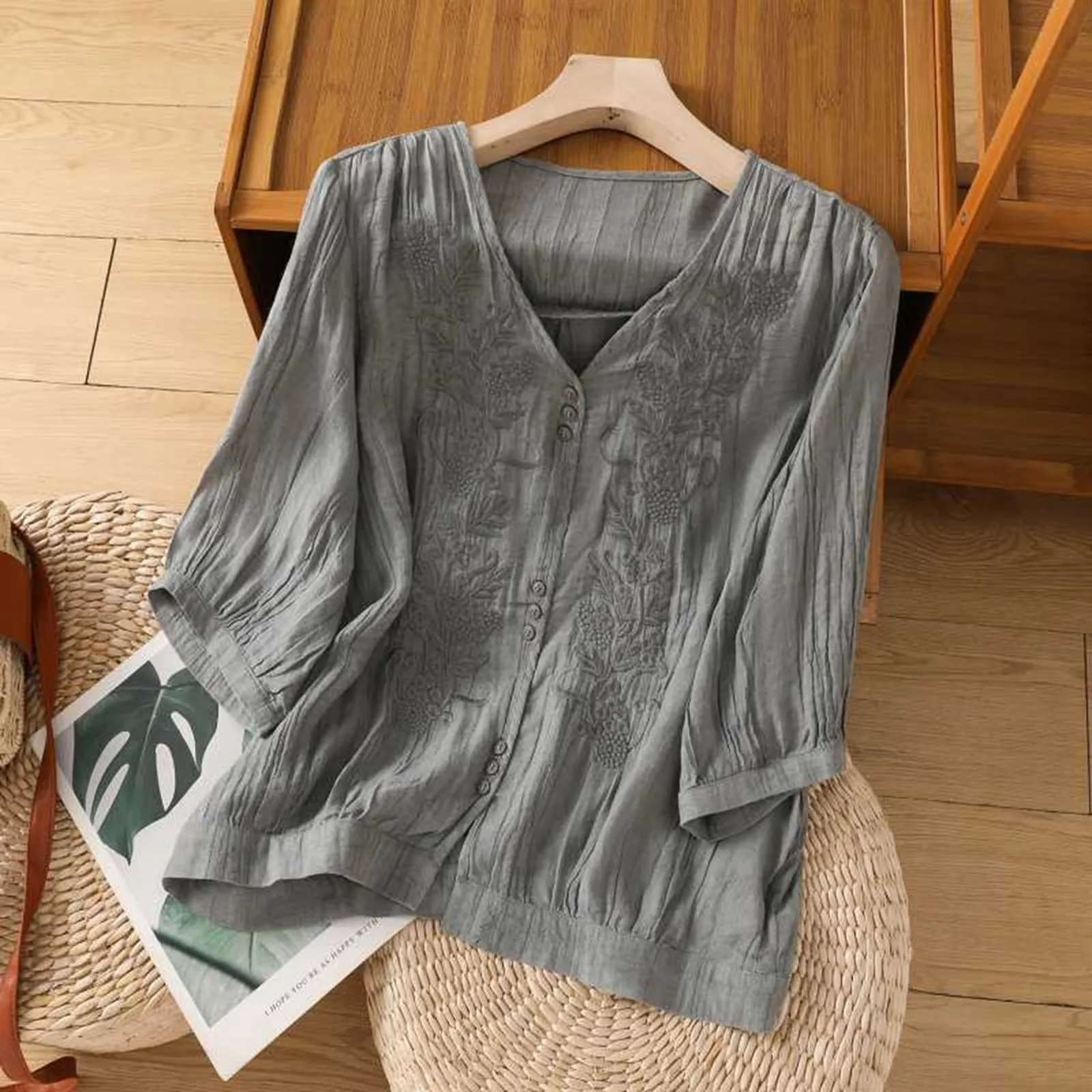 Женская свободная фланелевая рубашка из хлопка и льна с V-образным вырезом