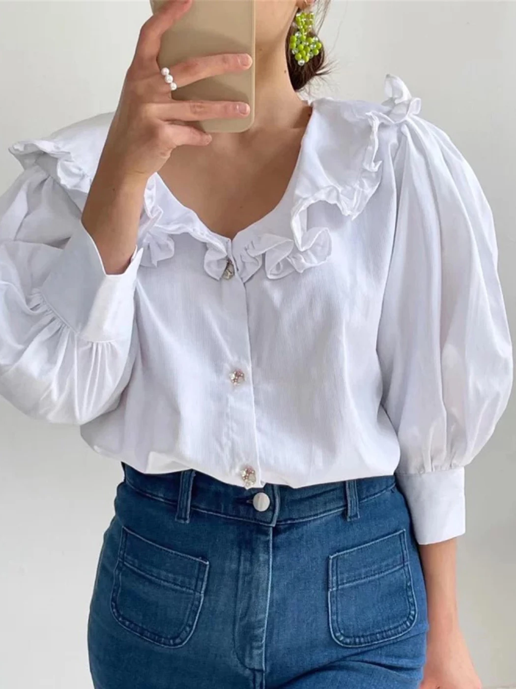 

Женская винтажная рубашка в полоску, Повседневный Кардиган с оборками, отложным воротником и пышными рукавами, блузка во французском стиле,...