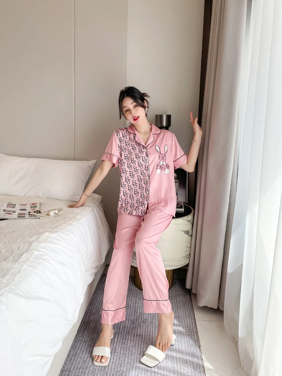 [Women's pajamas] [high-quality]2023 New Ice Silk Pajamas Women's Korean Short Sleeve Long Pants Set Cardigan Ice Silk Home Fur