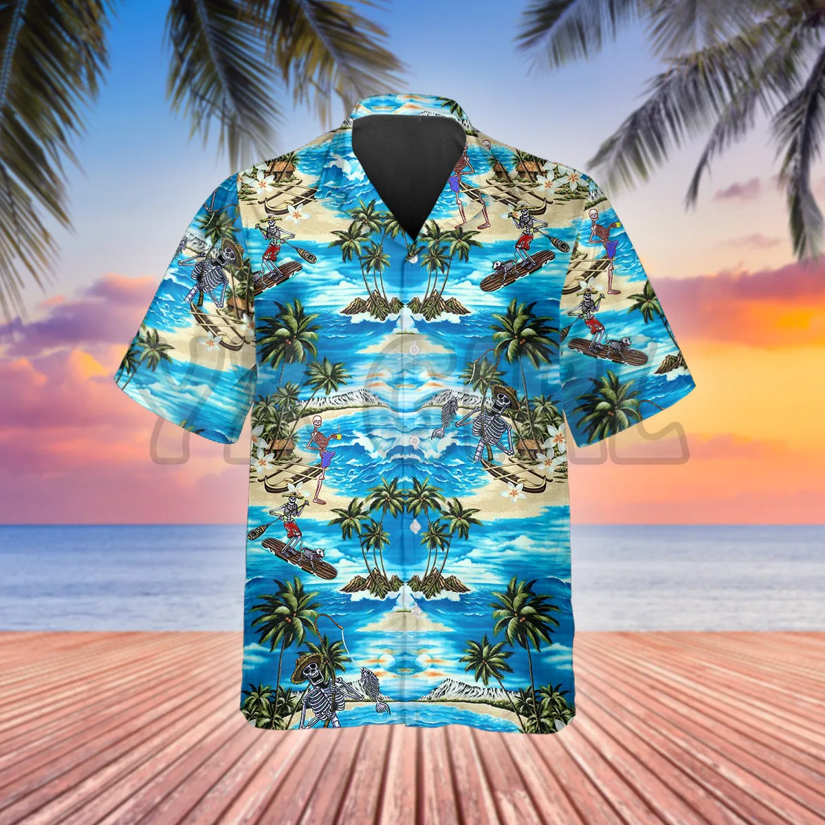 Blue Beach With Coconut Skull 3D All Over Printed Hawaiian Shirt Men's For Women's Harajuku Casual Shirt Unisex