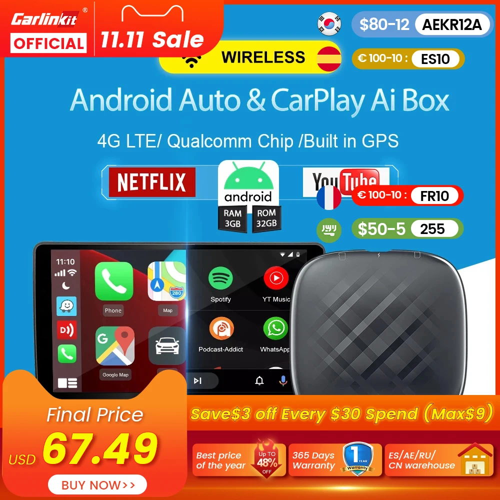 Цена CarlinKit 4,0 Android 11 Беспроводной автомобильный блок ИИ беспроводной адаптер Apple CarPlay для Toyota Fiat Audi Porshe Benz Kia FordVW