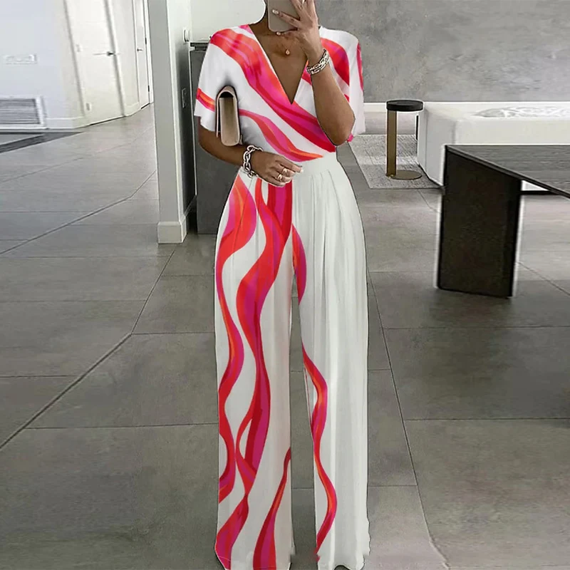 

Summer V Neck Short Sleeve Long Jumpsuits Elegant Casual High Waist Office Wide Leg Romper Female Fashion Pattern Print Overalls