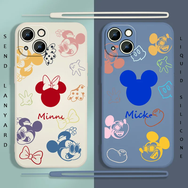 

Cute Disney Mickey Minnie Phone Case For Apple iPhone 13 12 11 Pro Max mini XS XR X 8 7 6S 6 Plus Liquid Rope Soft Funda Cover