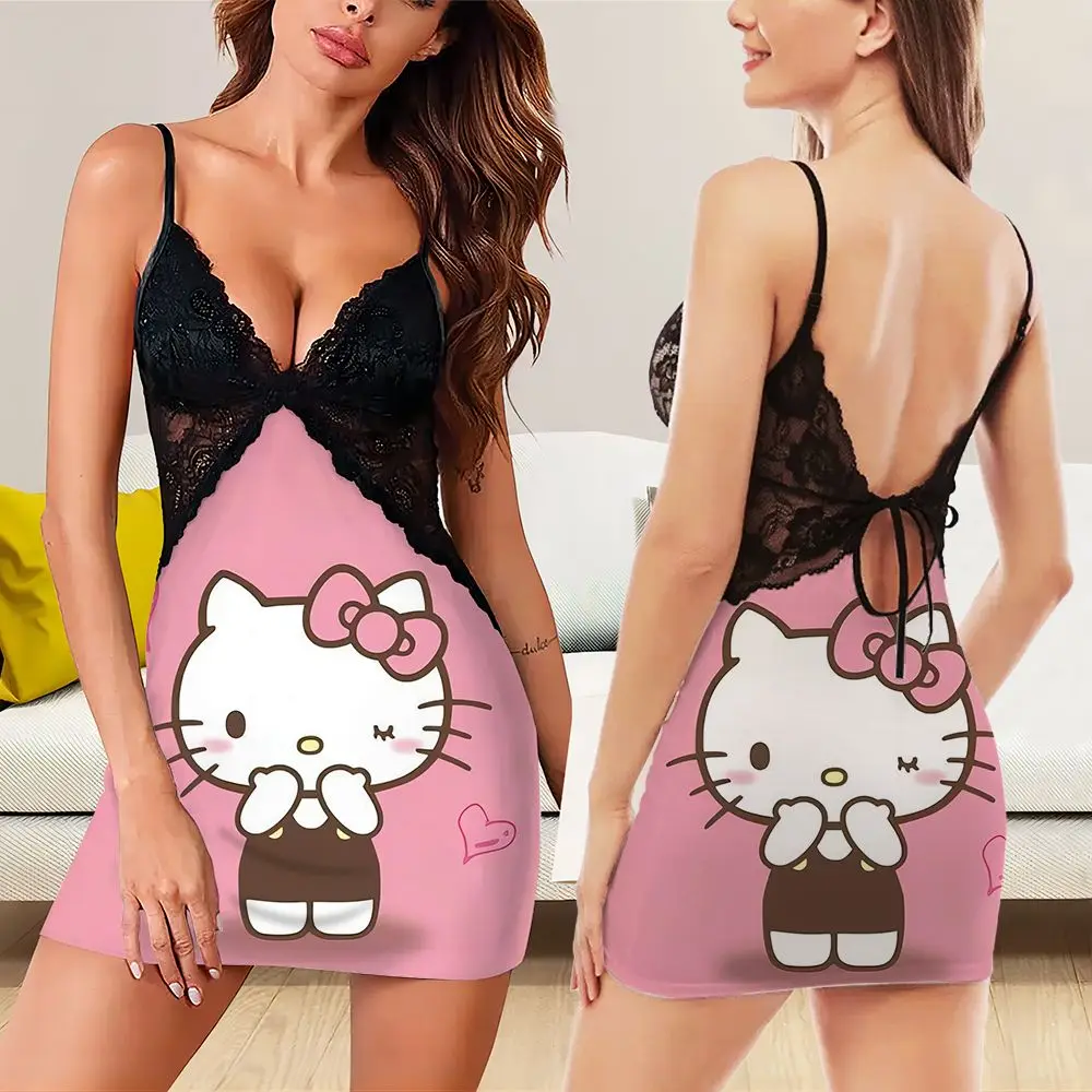 2024 Сексуальная женская пижама с рисунком Hello Kitty Женская одежда для сна кружевной