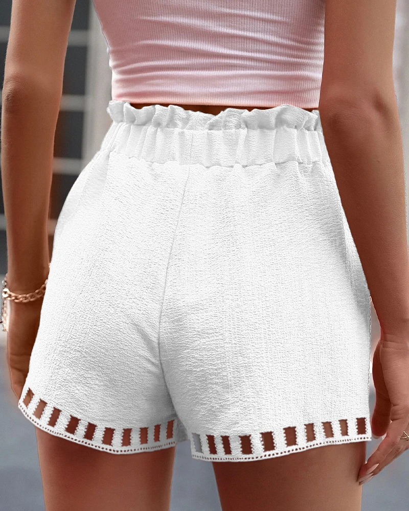 Ninimour Women Hollow Out Drawstring Belted Shorts 2023 Summer Solid Color Lace Up One Piece Suit Short Pants Casual Shorts 2023