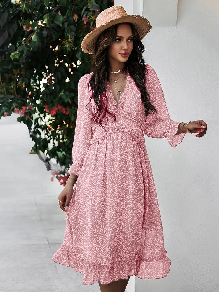 

Sexy V Neck Bohemian Floral Dress Ladies 2022 Butterfly Long Sleeve High Waist Casual Print Women Summer Chiffon Party Dresses