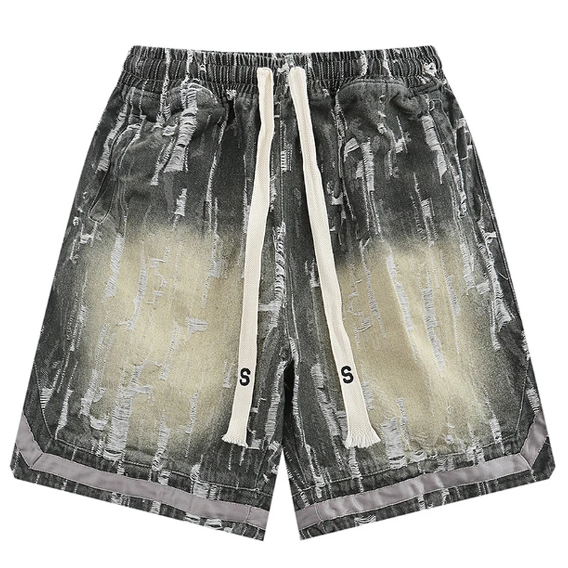 

Men Casual Elastic Waist Jogger Shorts Trousers 2022 Summer Oversize Drawstring Washed Distressed Denim Jeans Ripped Shorts
