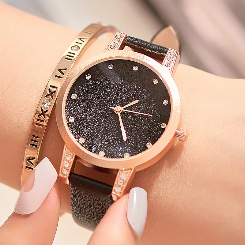 Fashionable Diamond-encrusted Glitter Face Female Student Belt Watch Simple Versatile Thin Belt Quartz Casual Watch