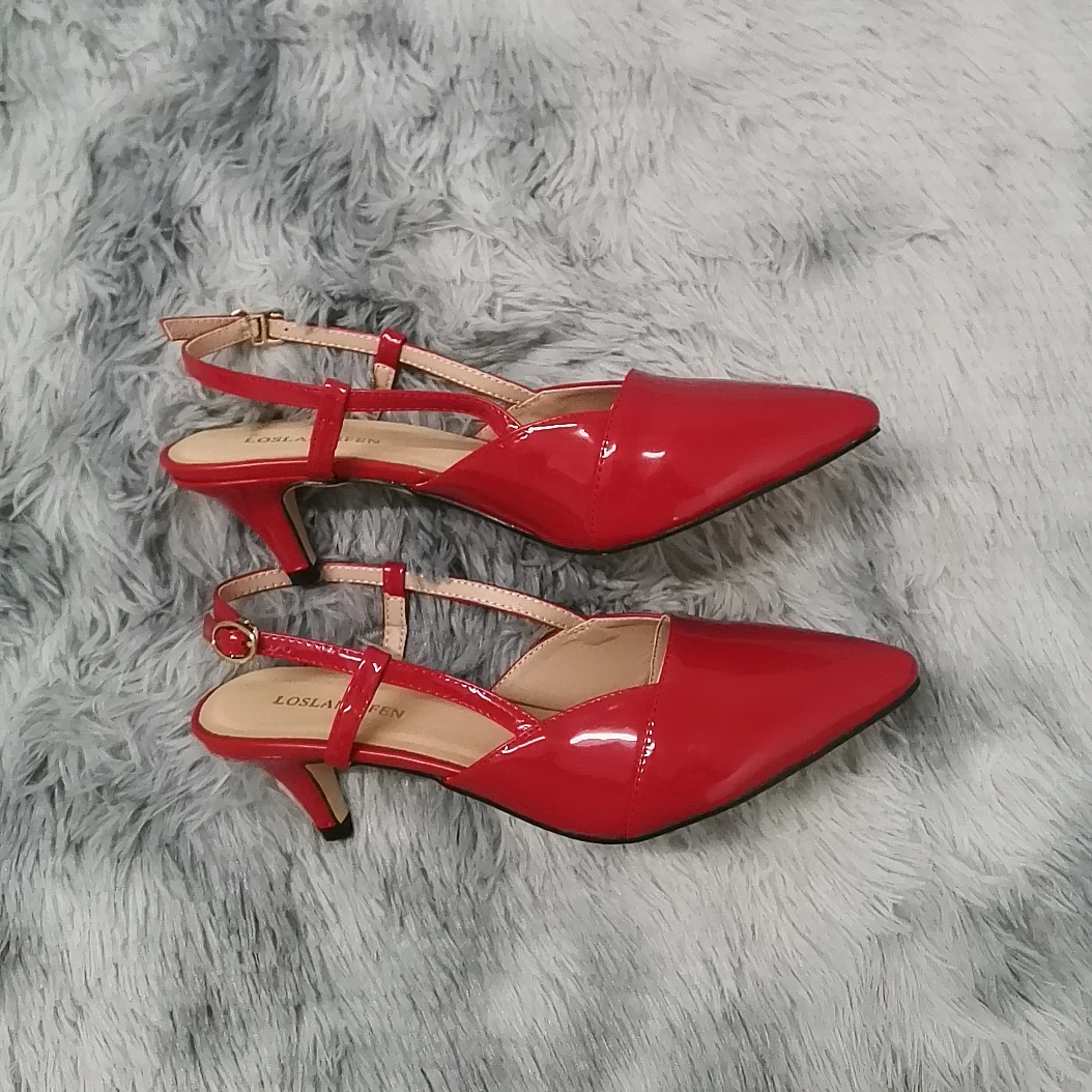 LOSLANDIFEN Daily all-match Sandal Shoes Pointed Toes High Heels Sexy 5cm Low Casual Back Empty Buckle Pumps Red Wedding Shoes
