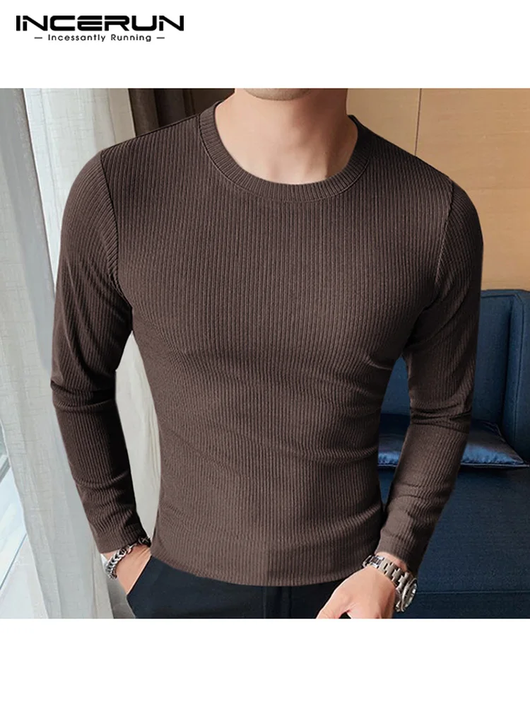 

Casual Simple Style Tops INCERUN New Men's Small O-Neck All-match Camiseta Male Solid Knit Strip Long Sleeve T-Shirts S-5XL 2022
