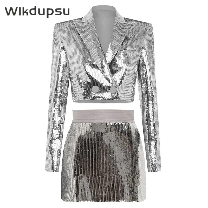

Блестящий короткий Блейзер, топ, Женская мини-юбка, комплект из двух предметов, блестящий подиумный клубвечерние вечерний сценический блейзер для женщин