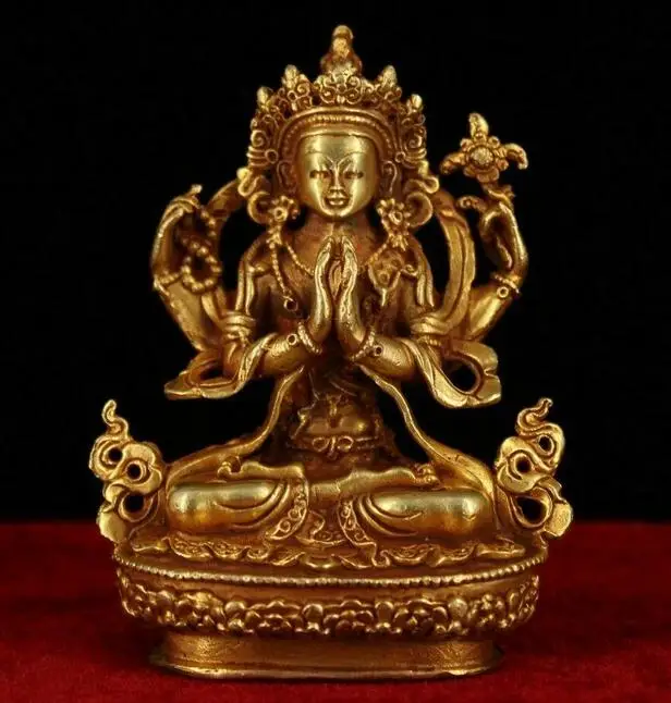 

China Antique Tibet handmade red copper gilt four arm guanyin Buddha statue