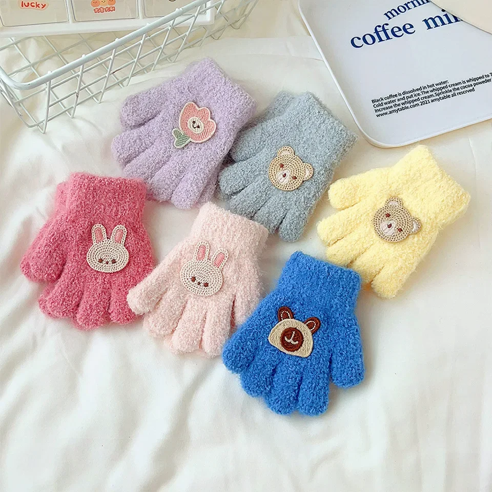 

1-3 years Cartoon children's gloves Autumn and winter cute baby warm five fingers plush solid color children and infants