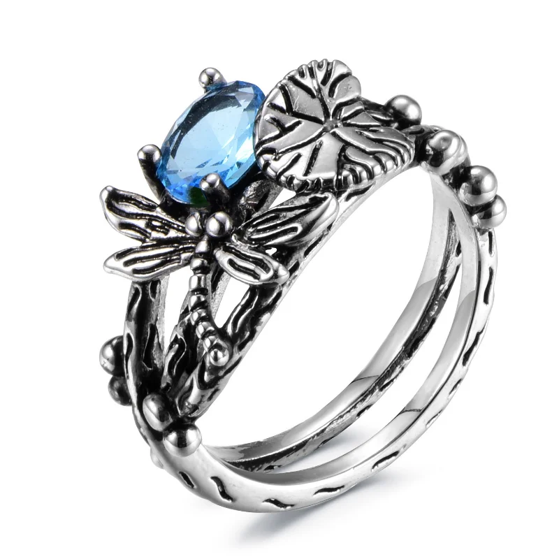 

Creative Dragonfly Lotus Ring Women's European and American Vintage Thai Silver Inlaid Topaz Ring