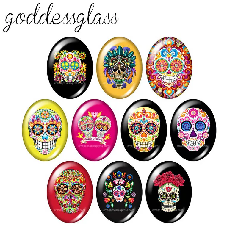 

New Skull Patterns Rose Punk Style 10pcs 13x18mm/18x25mm/30x40mm Oval photo glass cabochon demo flat back Making findings
