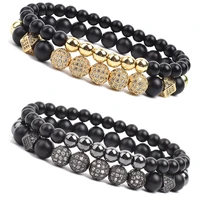 2pcs 8mm luxury charm beads bracelet sets natural black matte onyx stone colored balls wrist bracelets cubic zirconia jewelry