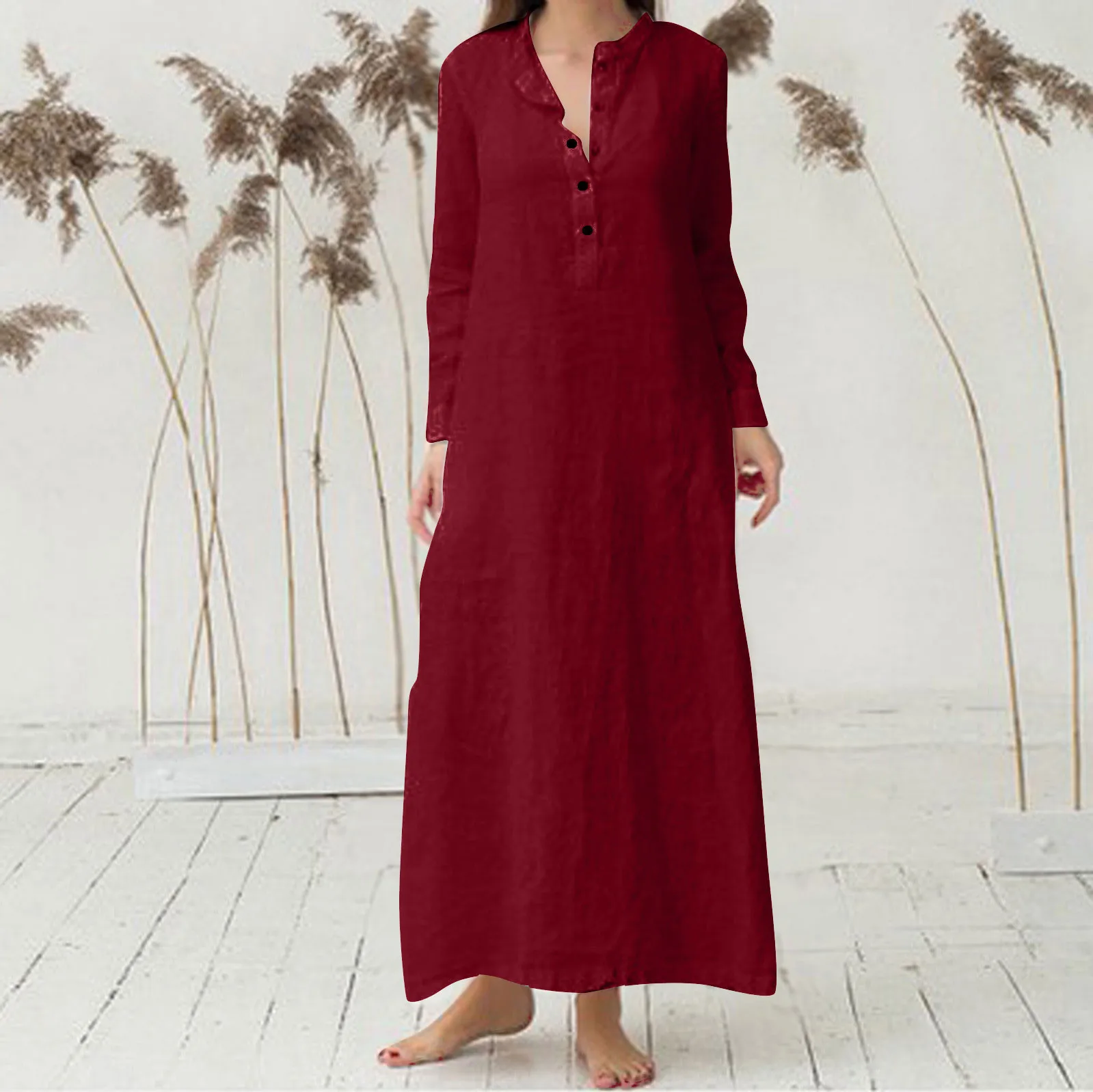 

Women Summer Maxi Dress Casual Solid V Neck Long Shirt Dresses For Women Loose Long Sleeve Sundress Vestidos De Vestido 2022