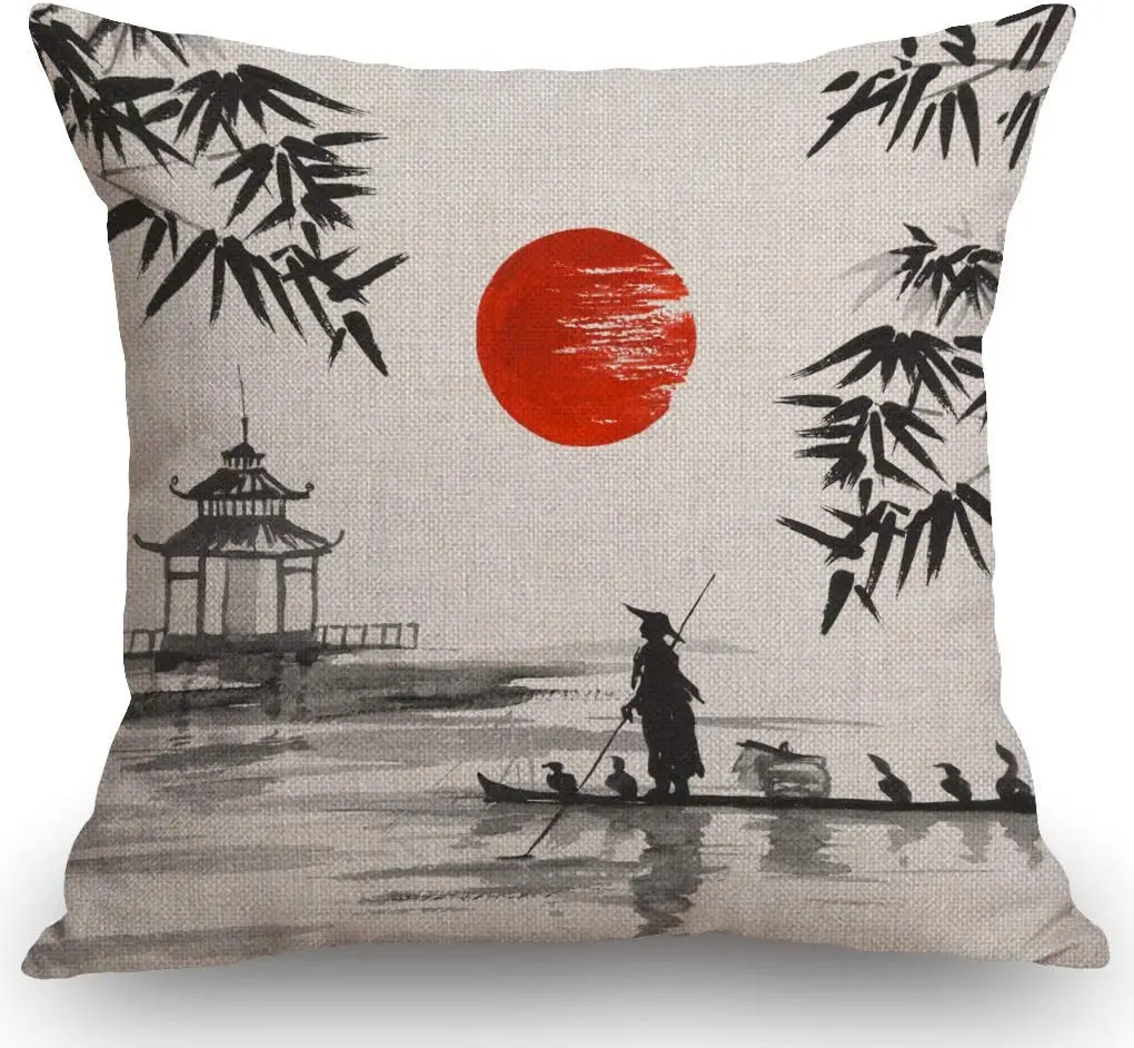 

Japan Traditional Japanese Painting Man with Boat Cotton Linen Throw Pillow Case Cushion Cover Home Office Decorative Square
