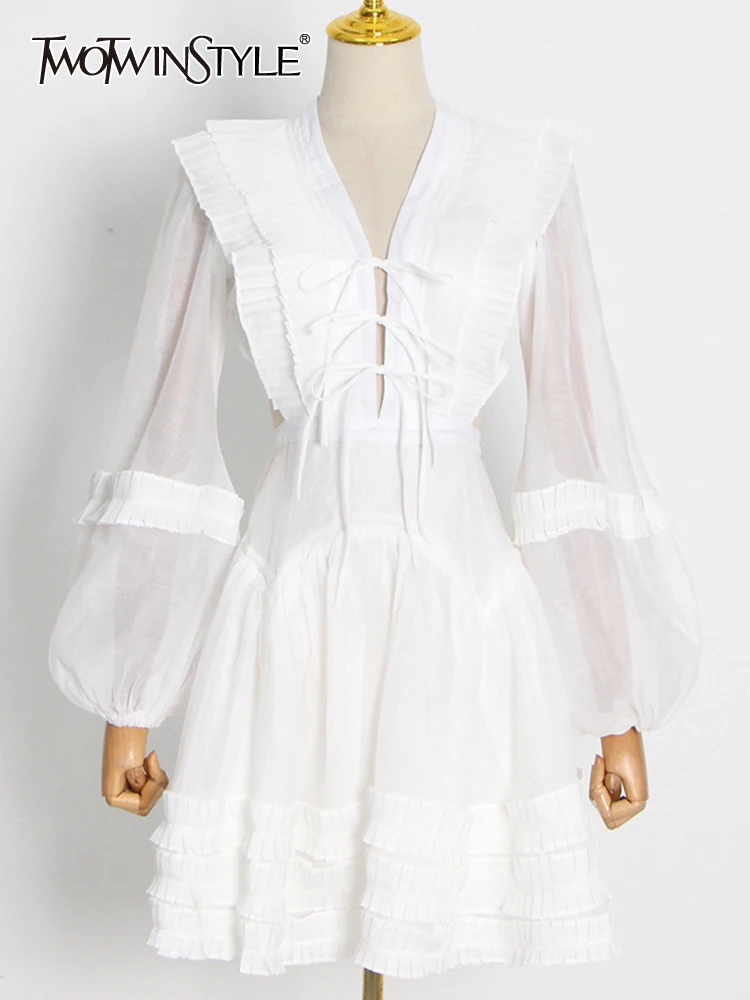 

TWOTWINSTYLE White Lace Up Dress For Women V Neck Long Sleeve Cut Out Solid Elegant Mini Dresses Female Clothes Fashion New 2022