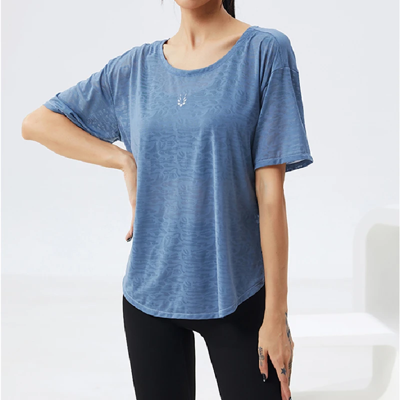 2022 Summer New Translucent Cutout Breathable Short Sleeve Loose Run Gym Workout Tops Women Fashion Yoga Fitness Sports Shirt