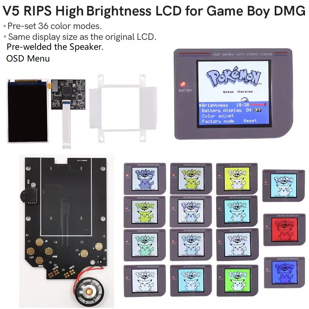 

GB DMG RIPS V5 36 Colorful Models OSD Menu Full Size IPS Backlight LCD For GameBoy DMG GB Console And Pre-Solder Speaker
